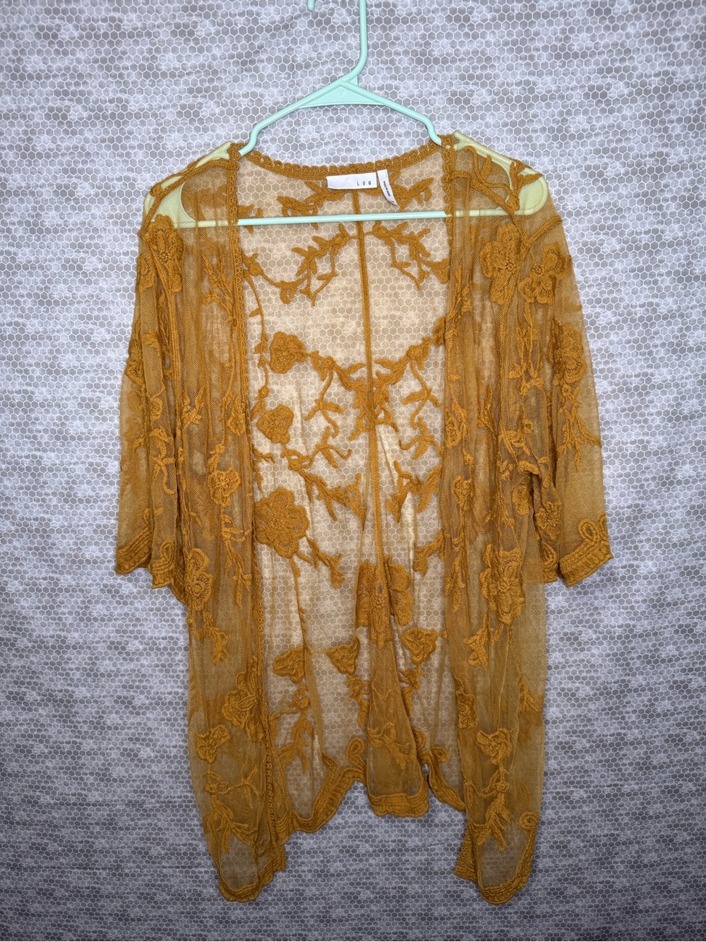 LUQ Medium Boho Sheer Lace Floral Cardigan Mustard Yellow
